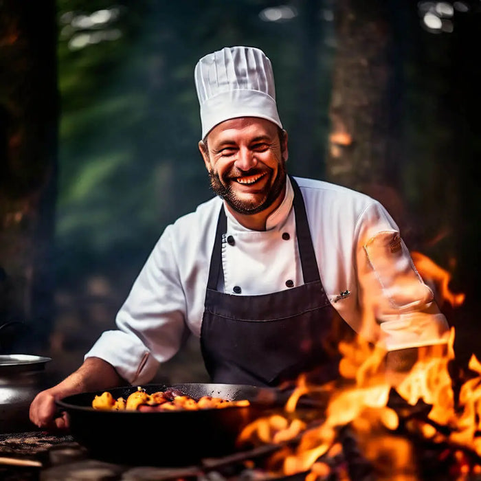 Chef cooking gourmet skewers over an open campfire in a forest setting, wearing a white uniform and hat, showcasing outdoor culinary skills.