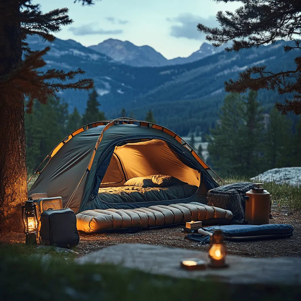 Cozy camping setup with tent, lanterns, and sleeping bag in a scenic outdoor mountain setting, showcasing essential outdoor accessories.