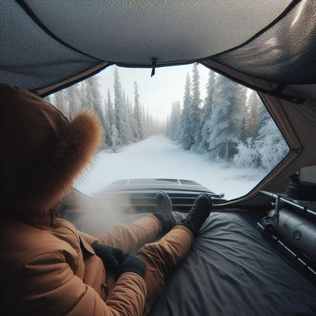 Person enjoying winter view from rooftop tent, surrounded by snow-covered trees, highlighting comfort in cold weather camping.
