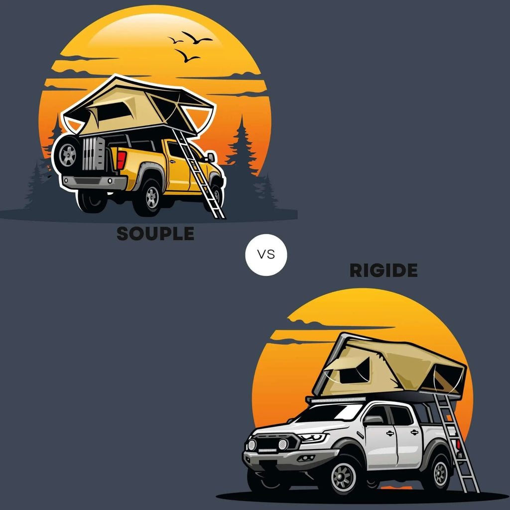 Comparison of soft shell and hard shell roof tents on pickup trucks with sunset background.