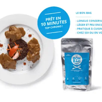 "Le Bon Bag camping meal, ready in 10 minutes, high-quality French-made dish, shown with packaging and plated meal."