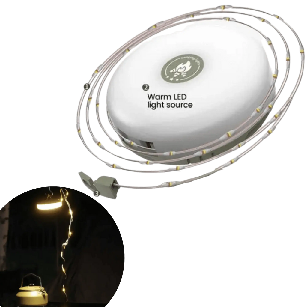 Des guirlandes lumineuses LED étanches et portables avec un déploiement facile à manivelle.