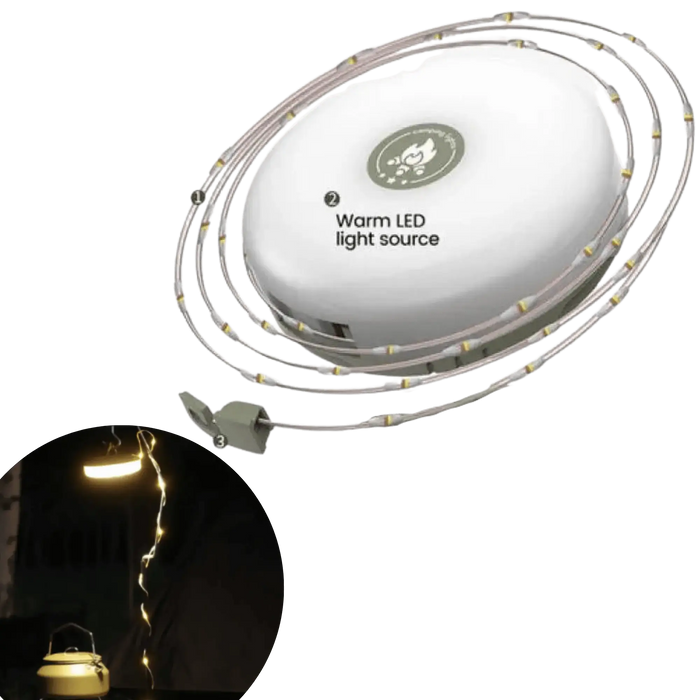 Des guirlandes lumineuses LED étanches et portables avec un déploiement facile à manivelle.