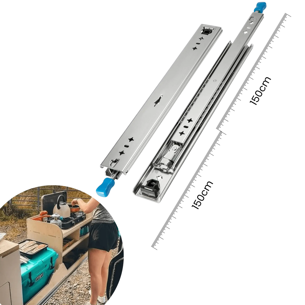Heavy-duty drawer slides with ball bearings and full extension, 300cm length, 180kg capacity, ideal for storage solutions.