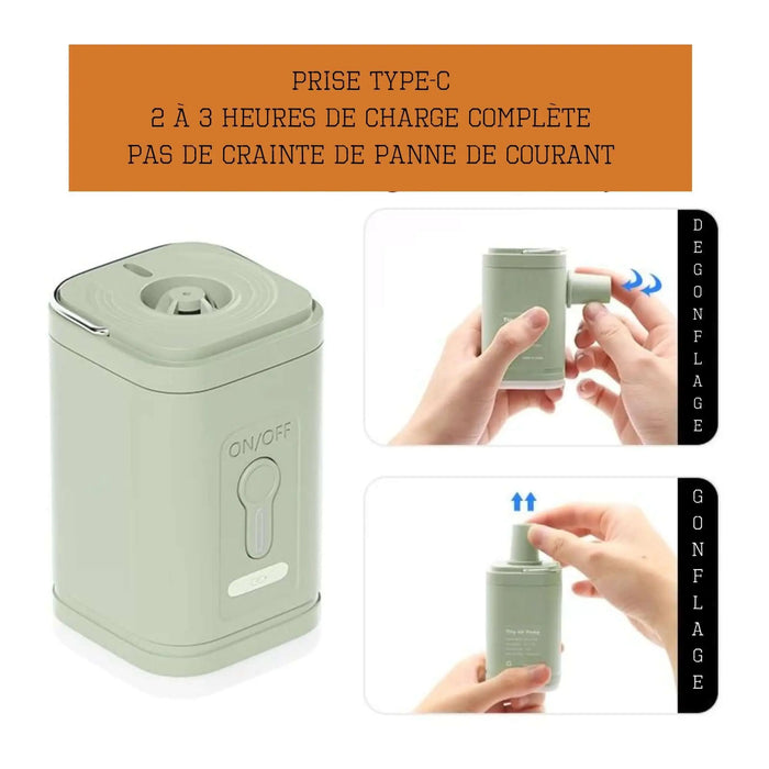 Pompe à air électrique 3 en 1 montrant le gonflage et le dégonflage avec une prise USB Type-C et un temps de charge rapide.