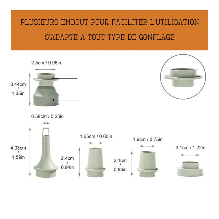 Pompe à air électrique avec embouts adaptables pour différents types de gonflage. Cinq tailles variées mesurées en centimètres et en pouces.