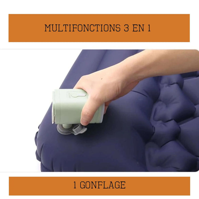 Pompe à air électrique 3 en 1 parfaite pour gonfler un matelas, idéale pour le camping et les voyages. Compacte et multifonctionnelle.