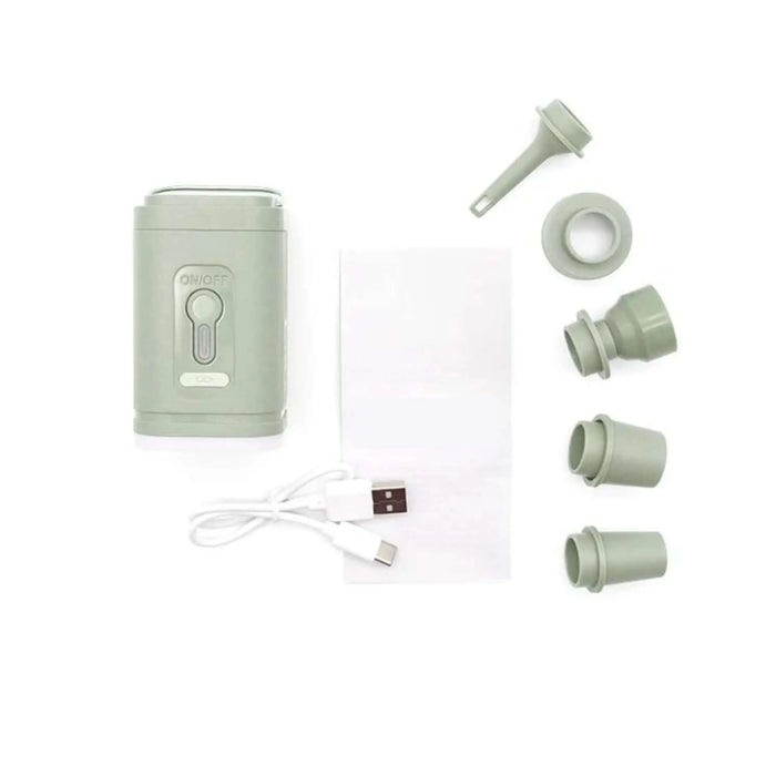 Pompe à air électrique 3 en 1 avec accessoires et chargeur USB, idéale pour le camping et les activités de plein air.