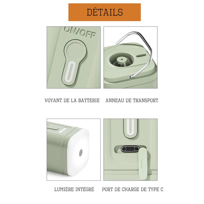 Pompe à air électrique 3 en 1 avec indicateur de batterie, poignée de transport, lumière intégrée et port USB Type-C.