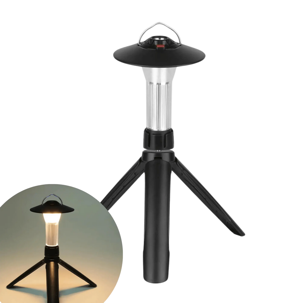 Multifunctional rechargeable camping lantern with solar USB charging and tripod, ideal for outdoor adventures.