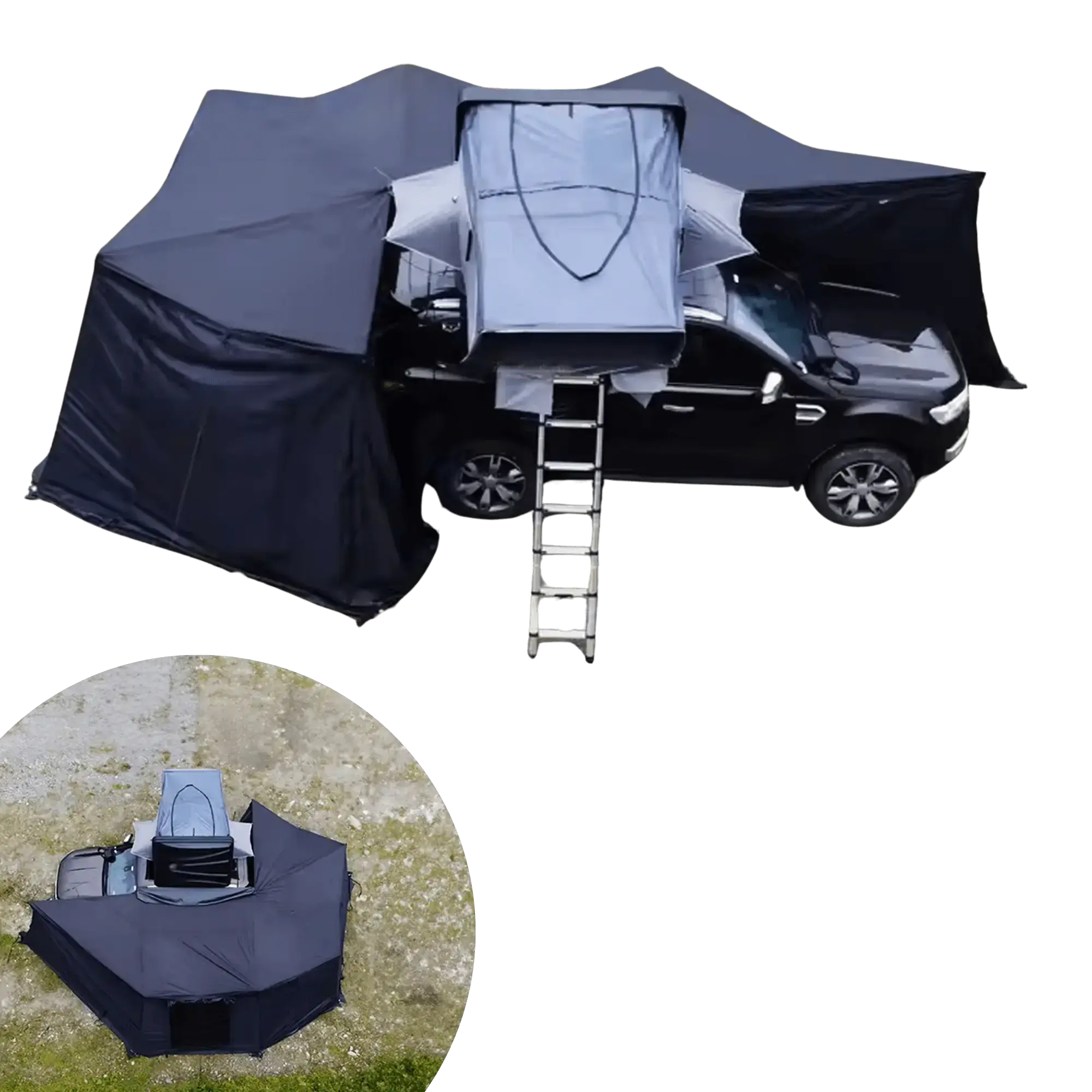 Black self-supporting 360° awning extension attached to vehicle, showcasing rooftop tent and full setup.