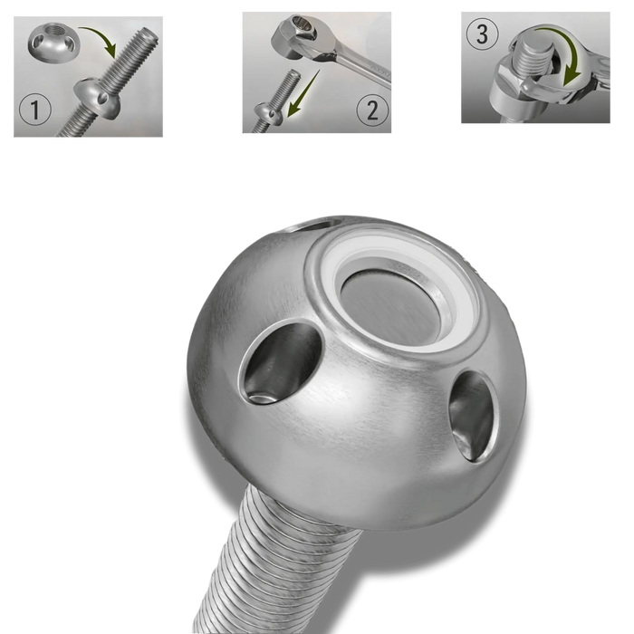 Antivol universel pour tente M8 avec 8 écrous autoclaves et clé spéciale pour barres de toit, montrant les étapes d'installation et un design en acier inoxydable.