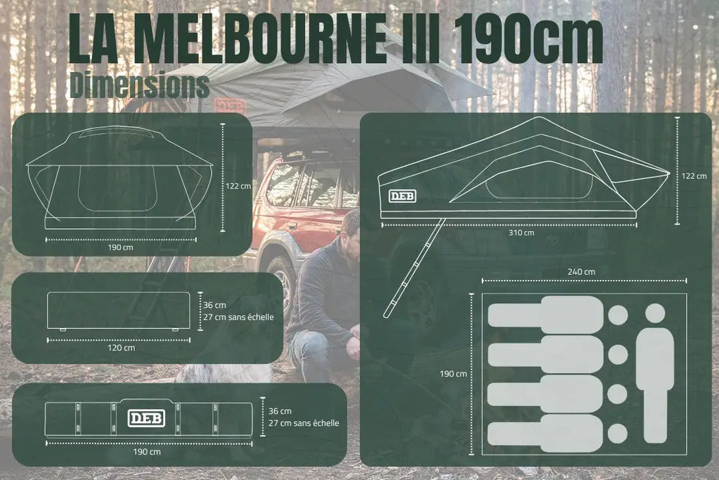 Tente de toit souple Melbourne III DEB Equipment – Familiale 4/5 pers. 190 cm Deb équipement