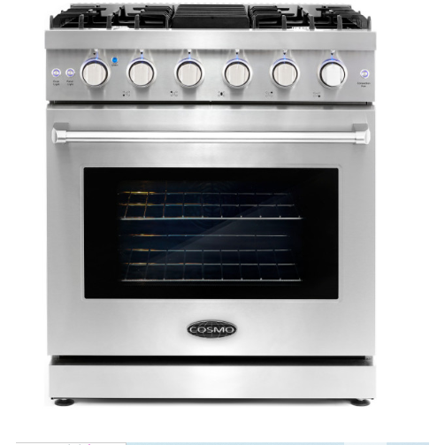 Cosmo 4-Piece, 30" Gas Range, Wall Mount Range Hood, Dishwasher and Refrigerator COS-4PKG-097