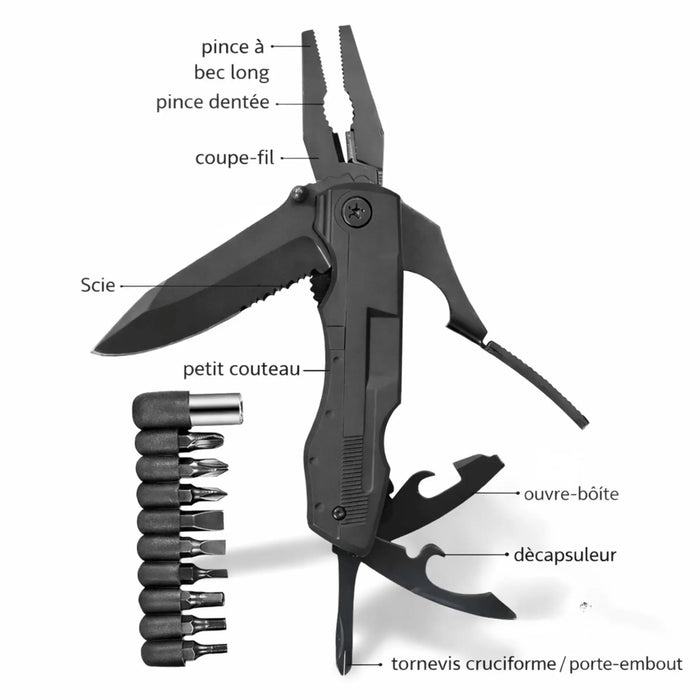 Couteau & Pince Multifonction Pliable–Outil Outdoor survie Tout-en-Un Woody’s Camp