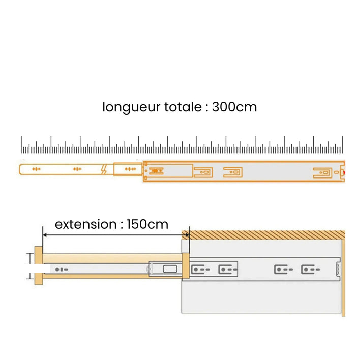 Diagramme d'un glissement de tiroir de 300 cm de long avec une extension de 150 cm et un système à billes pour charges lourdes, montrant des mesures détaillées. 2 X Glissière XL tiroir à roulement à billes de 300cm - charge lourde 180kg