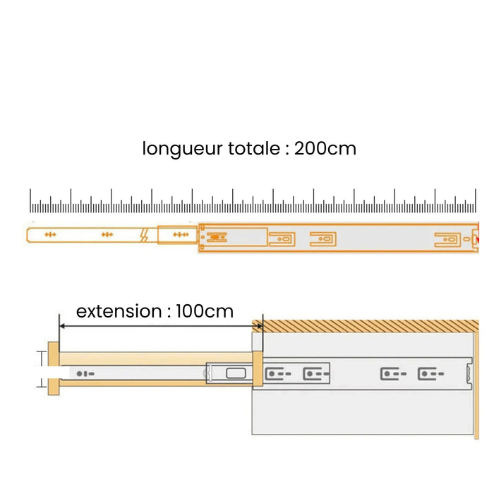Diagramme d'un glissières à billes de 200 cm avec une extension de 100 cm, illustrant le mécanisme d'extension complète.2 X Glissière tiroir à roulement à billes de 200cm - charge lourde 100Kg