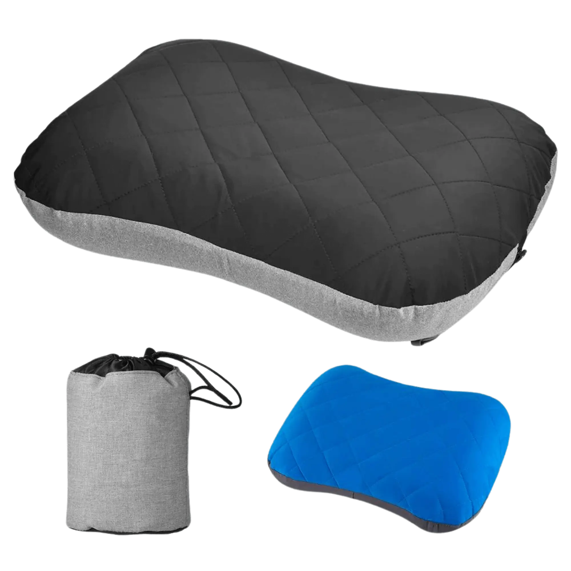 Ultralight inflatable camping pillow in black and blue with carrying pouch, perfect for restful outdoor adventures.