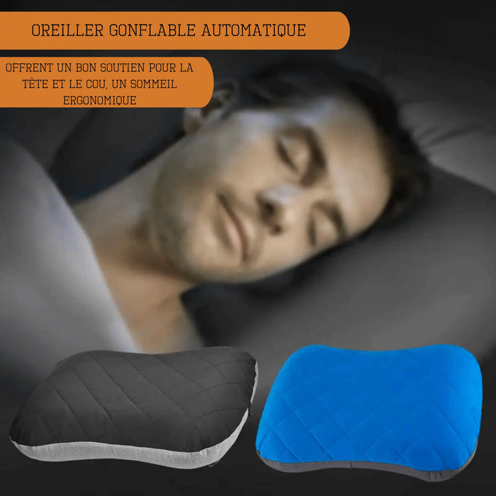 Homme dormant sur des oreillers gonflables ergonomiques pour le camping, options noir et bleu, offrant un soutien pour le confort de la tête et du cou.