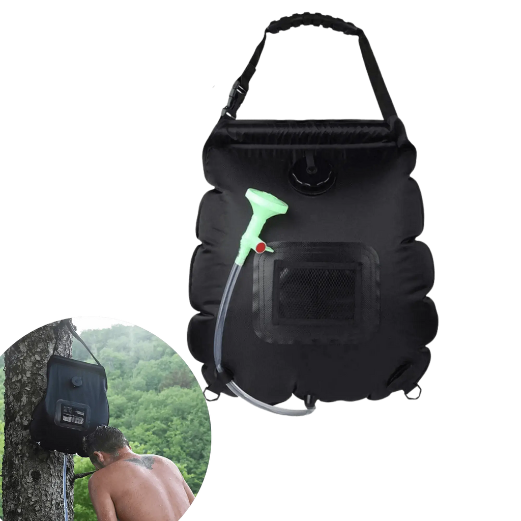 Portable 20L solar camping shower bag for outdoor activities showing water bag and person using it in nature setting.
