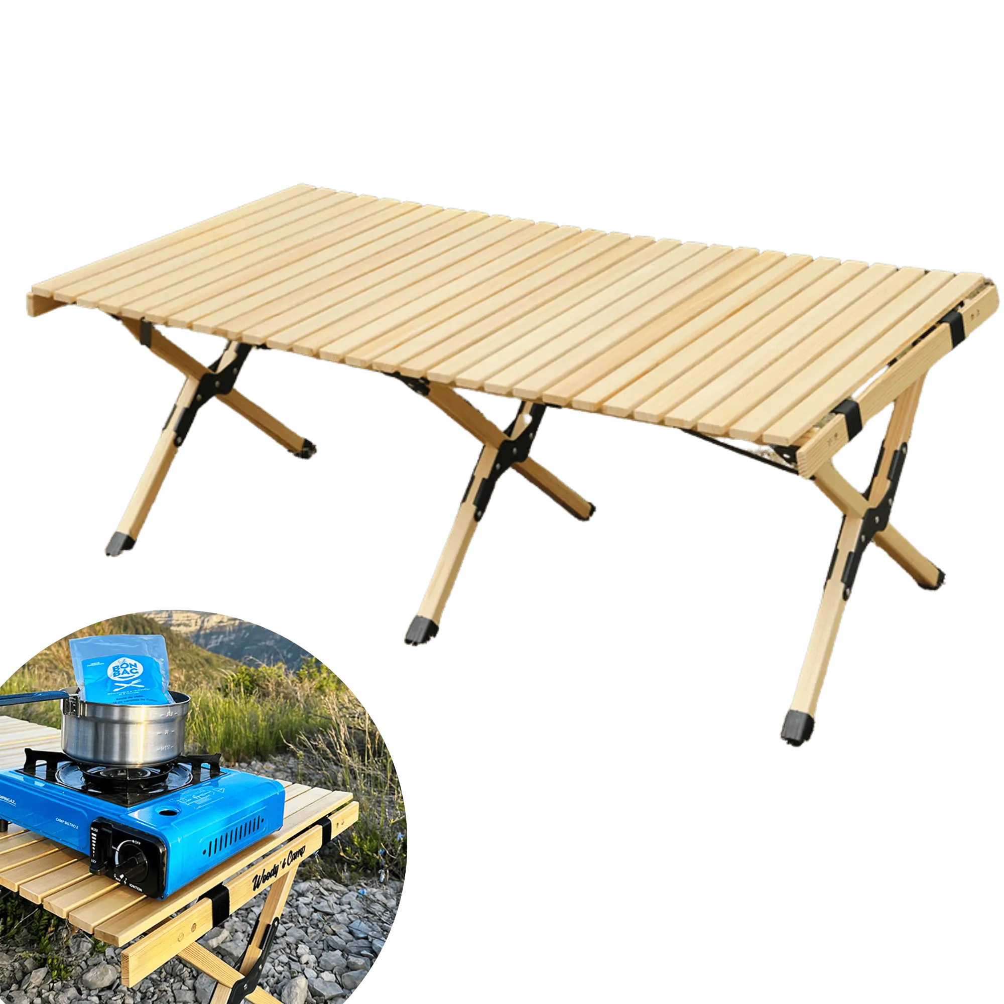 Table en bois pliable pour camping avec système de charnières robustes, surface 120x60cm, idéale pour 4 à 6 personnes