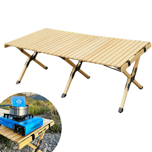 Table en bois pliable pour camping avec un système de charnières robustes, surface de 120x60 cm, idéale pour 4 à 6 personnes.