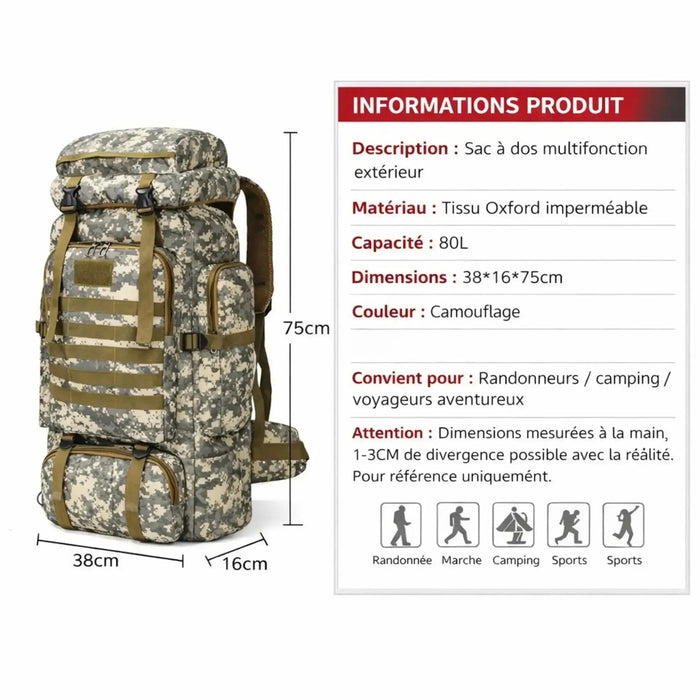 Sac tactique de Survie 72H Complet–80L + 30+ Équipements Outdoor Woody’s Camp