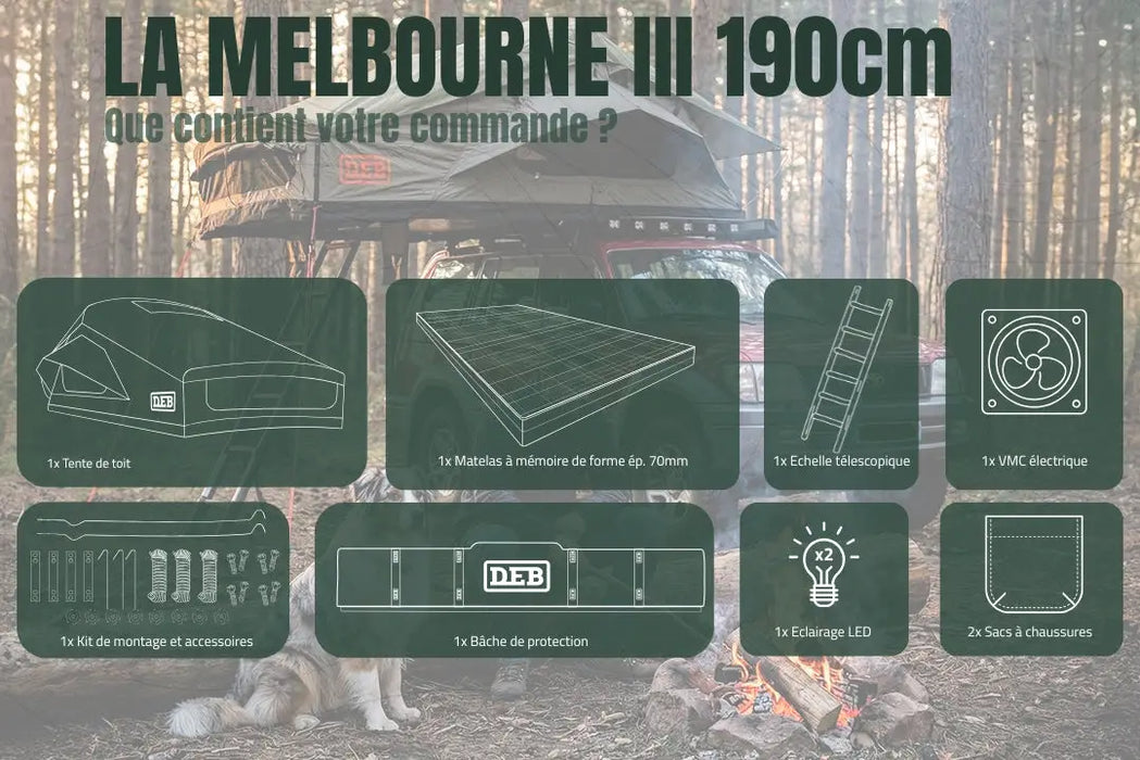 Tente de toit souple Melbourne III DEB Equipment – Familiale 4/5 pers. 190 cm Deb équipement