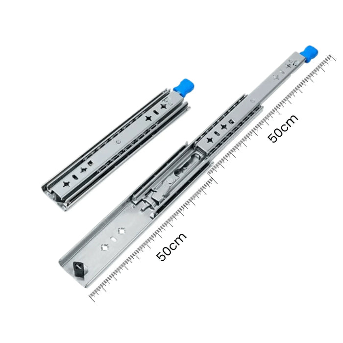 2x coulisses de tiroir à roulement à billes lourdes de 100 cm avec extension totale, supportant jusqu'à 70 kg, montrées partiellement étendues avec une règle de 50 cm.