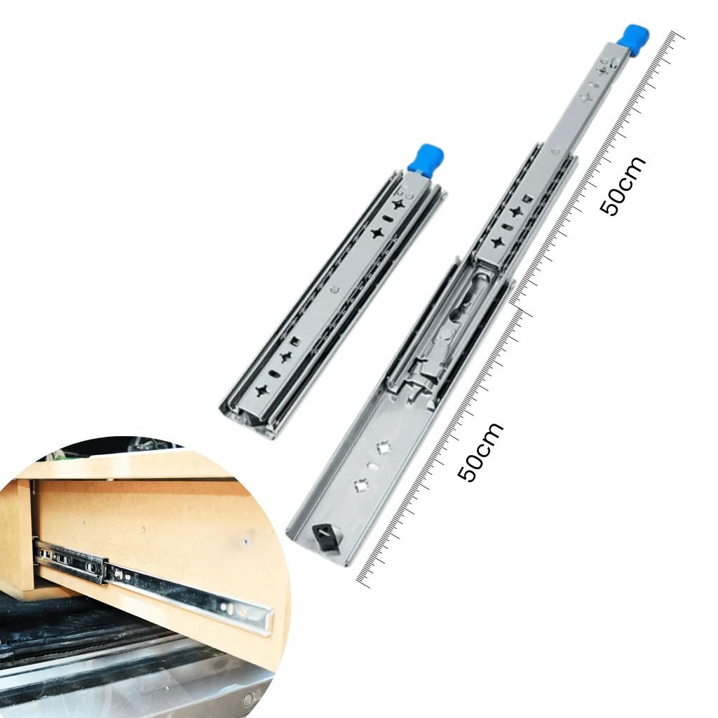 Heavy-duty ball bearing drawer slides, 100cm length, 70Kg capacity, three-section full extension for optimal furniture space usage.