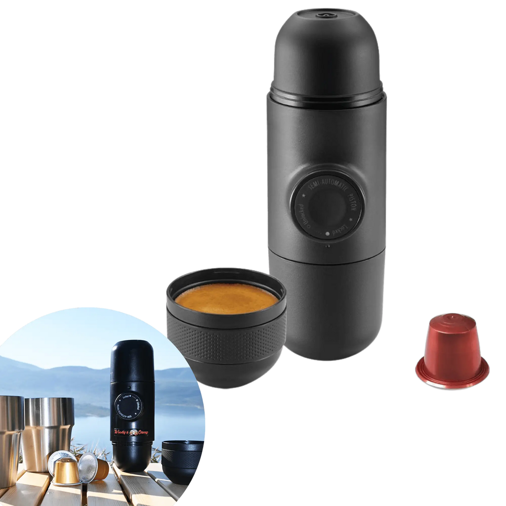 Portable espresso capsule coffee maker, perfect for camping, with Nespresso pod and accessories, offering travel-friendly convenience.
