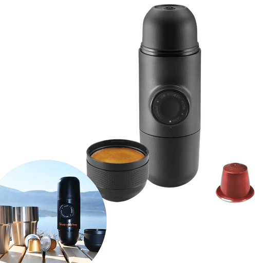 Machine à café à capsules d'espresso portable, parfaite pour le camping, avec des dosettes Nespresso et des accessoires, offrant une commodité adaptée aux voyages.