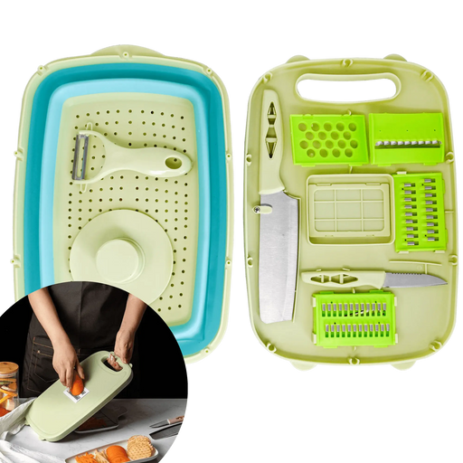 Planche à découper mandoline 9-en-1 avec accessoires en silicone, idéale pour la cuisine mobile et les solutions de rangement dans les véhicules.