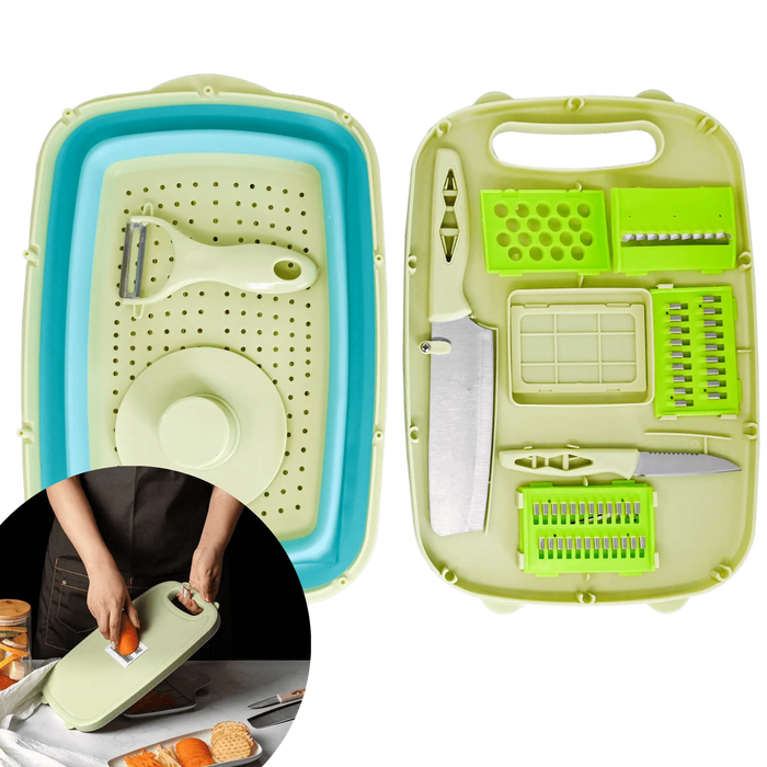 Planche à découper mandoline 9-en-1 avec accessoires en silicone, idéale pour la cuisine mobile et les solutions de rangement dans les véhicules.