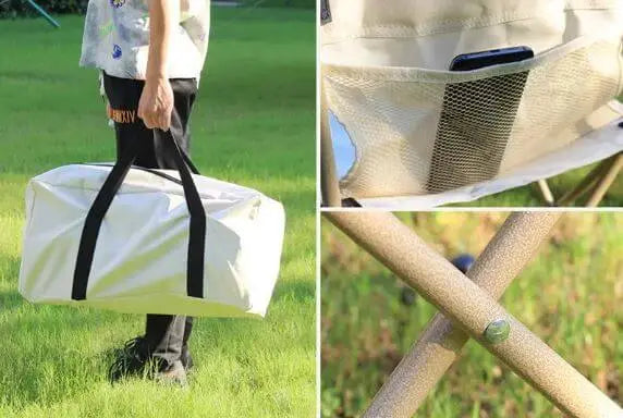 Ensemble de table et chaises de camping portable, gros plan sur le cadre en aluminium léger et le sac de rangement. Idéal pour les pique-niques en plein air.