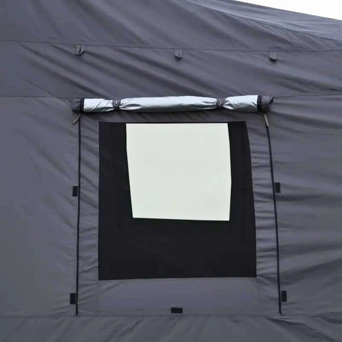 annexe tente de toit Lite Traveller, annexe tente de toit, auvent tente de toit, annexe camping étanche, salon de camping extérieur, accessoire tente de toit, annexe vanlife, annexe tente de toit légère, auvent Lexagones
