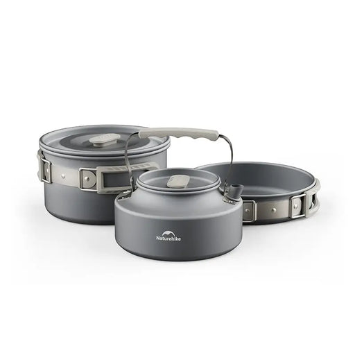 Batterie de cuisine Naturehike Traitement durable contre l'oxydation dure Set pour 2-4 personnes (1,7L pot + 7-inch frying pan + 0,8L kettle) Gris