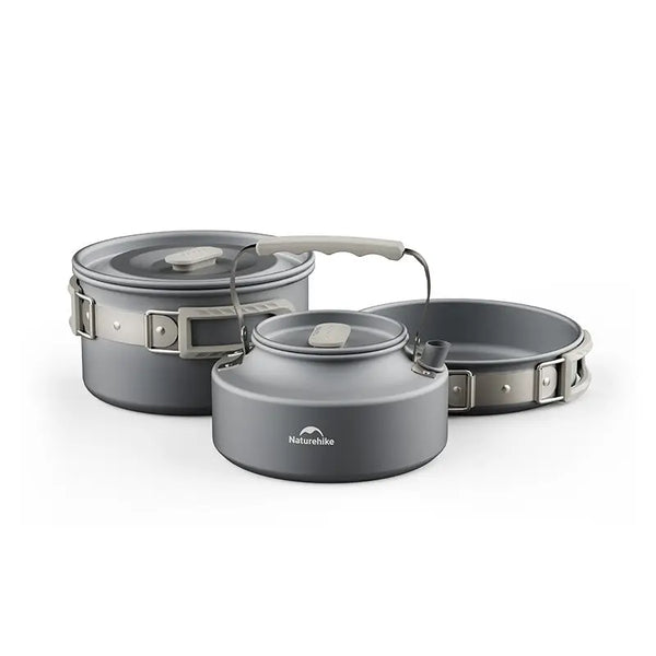 Batterie de cuisine Naturehike Traitement durable contre l'oxydation dure Set pour 2-4 personnes (1,7L pot + 7-inch frying pan + 0,8L kettle) Gris