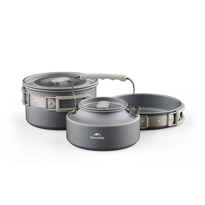 Batterie de cuisine Naturehike Traitement durable contre l'oxydation dure Set pour 2-4 personnes (1,7L pot + 7-inch frying pan + 0,8L kettle) Gris