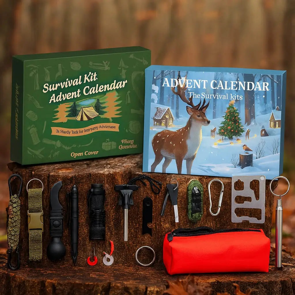 Calendrier de l’Avent Kit de Survie 24 en 1 – Cadeau de Noël Original pour Camping, Randonnée, Outdoor et Aventuriers Woody’s Camp