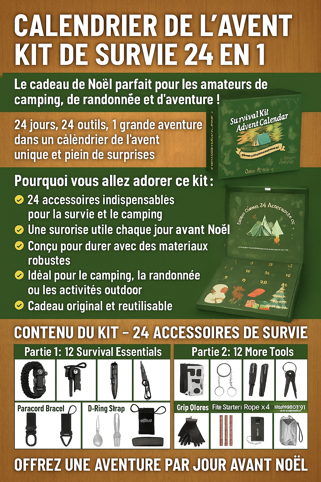Calendrier de l’Avent Kit de Survie 24 en 1 – Cadeau de Noël Original pour Camping, Randonnée, Outdoor et Aventuriers Woody’s Camp