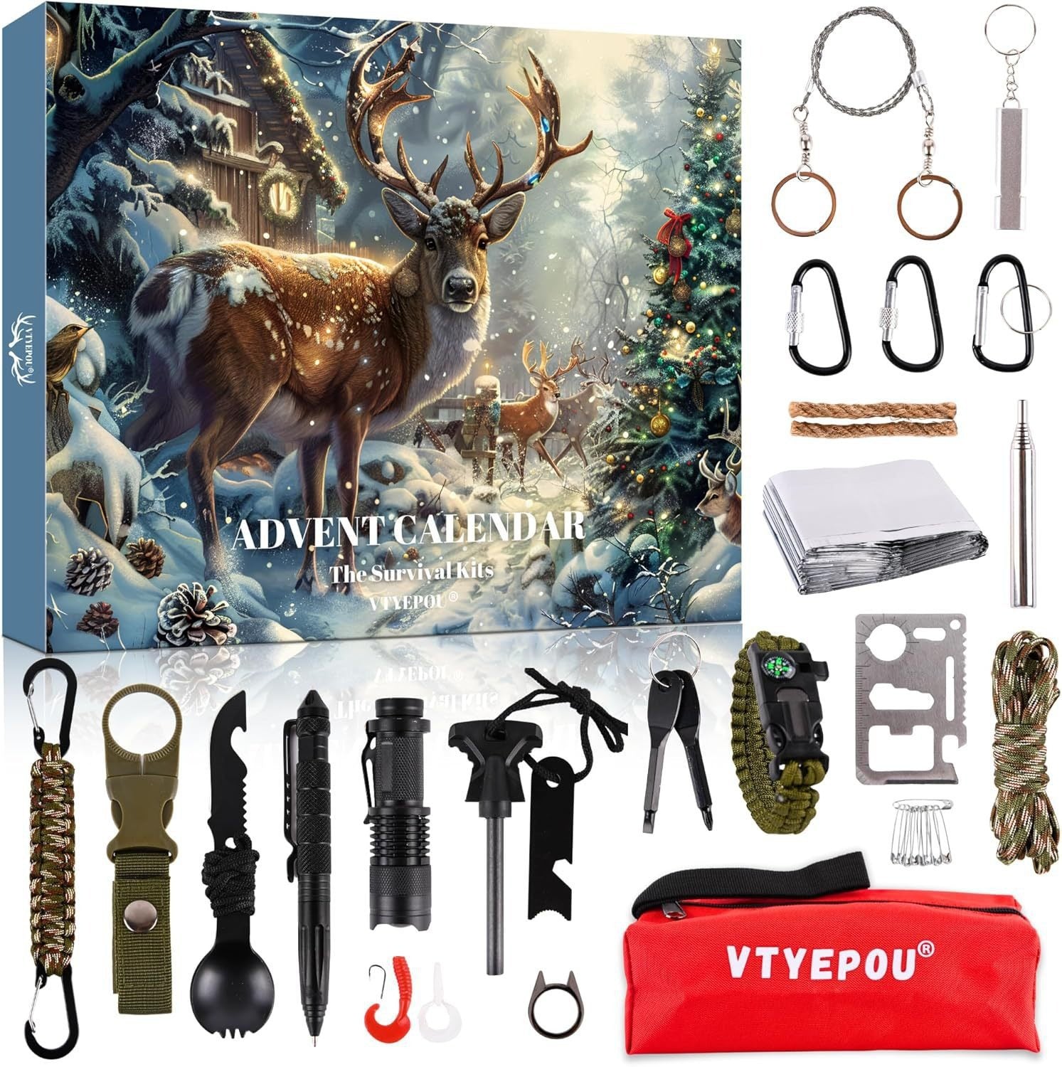 Calendrier de l’Avent Kit de Survie 24 en 1 – Cadeau de Noël Original pour Camping, Randonnée, Outdoor et Aventuriers Woody’s Camp