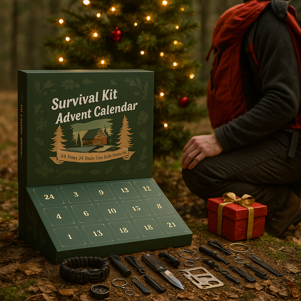 Calendrier de l’Avent Kit de Survie 24 en 1 – Cadeau de Noël Original pour Camping, Randonnée, Outdoor et Aventuriers Woody’s Camp