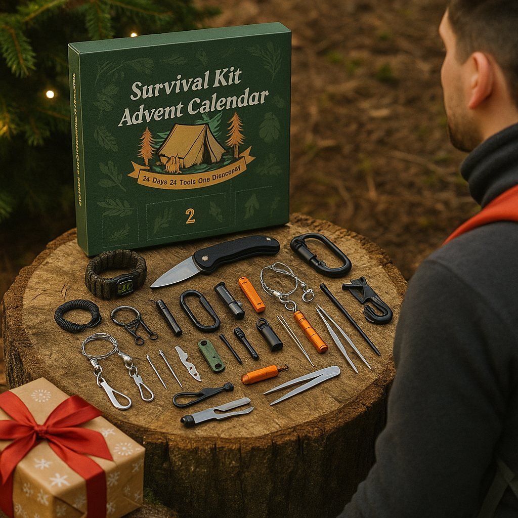 Calendrier de l’Avent Kit de Survie 24 en 1 – Cadeau de Noël Original pour Camping, Randonnée, Outdoor et Aventuriers Woody’s Camp