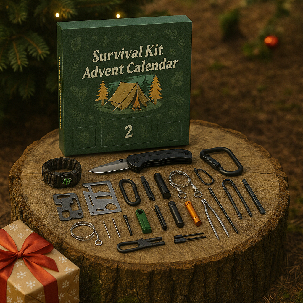 Calendrier de l’Avent Kit de Survie 24 en 1 – Cadeau de Noël Original pour Camping, Randonnée, Outdoor et Aventuriers Woody’s Camp