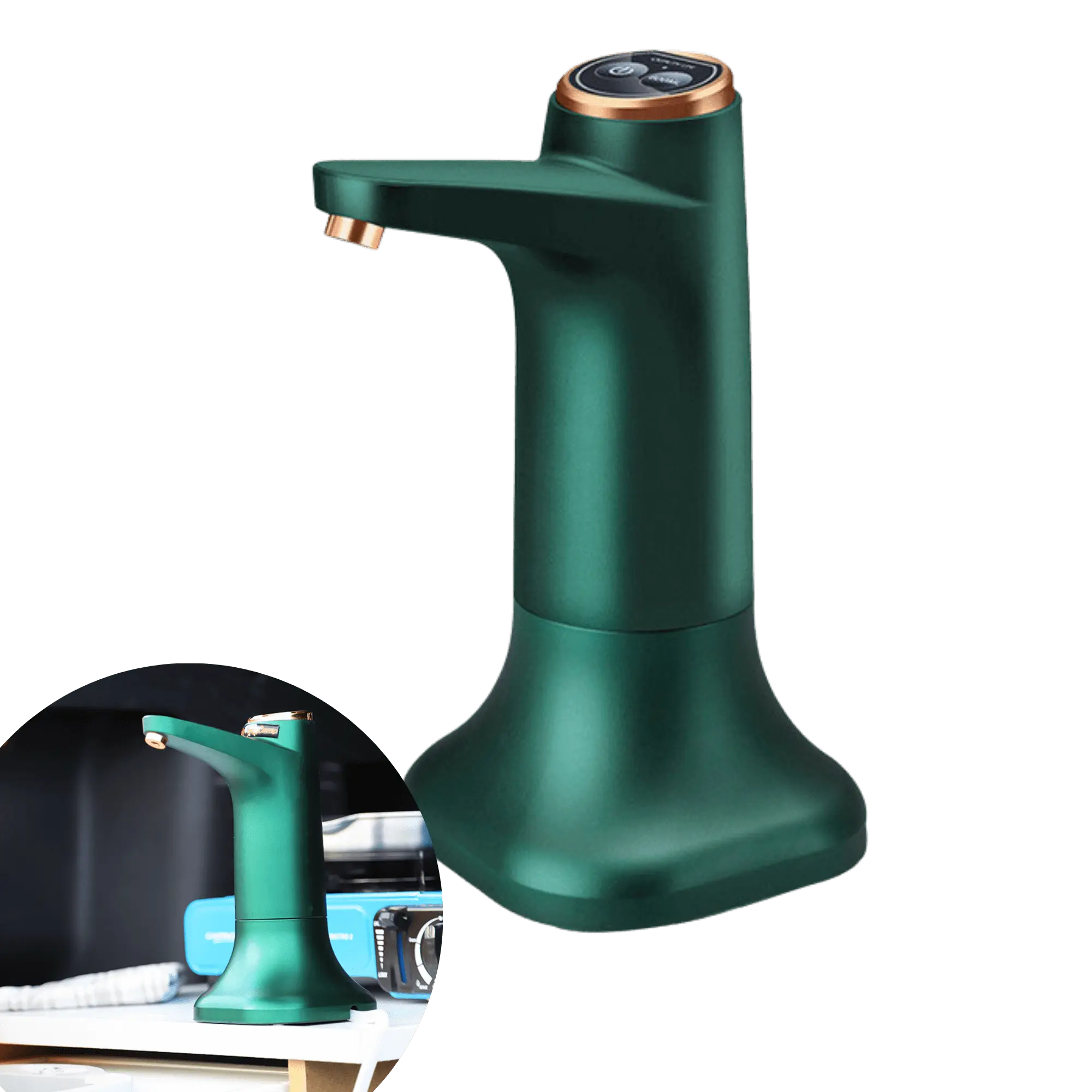Robinet électrique de camping vert avec charge USB rapide, adapté pour camping, van, et cuisine, polyvalent et facile à installer.
