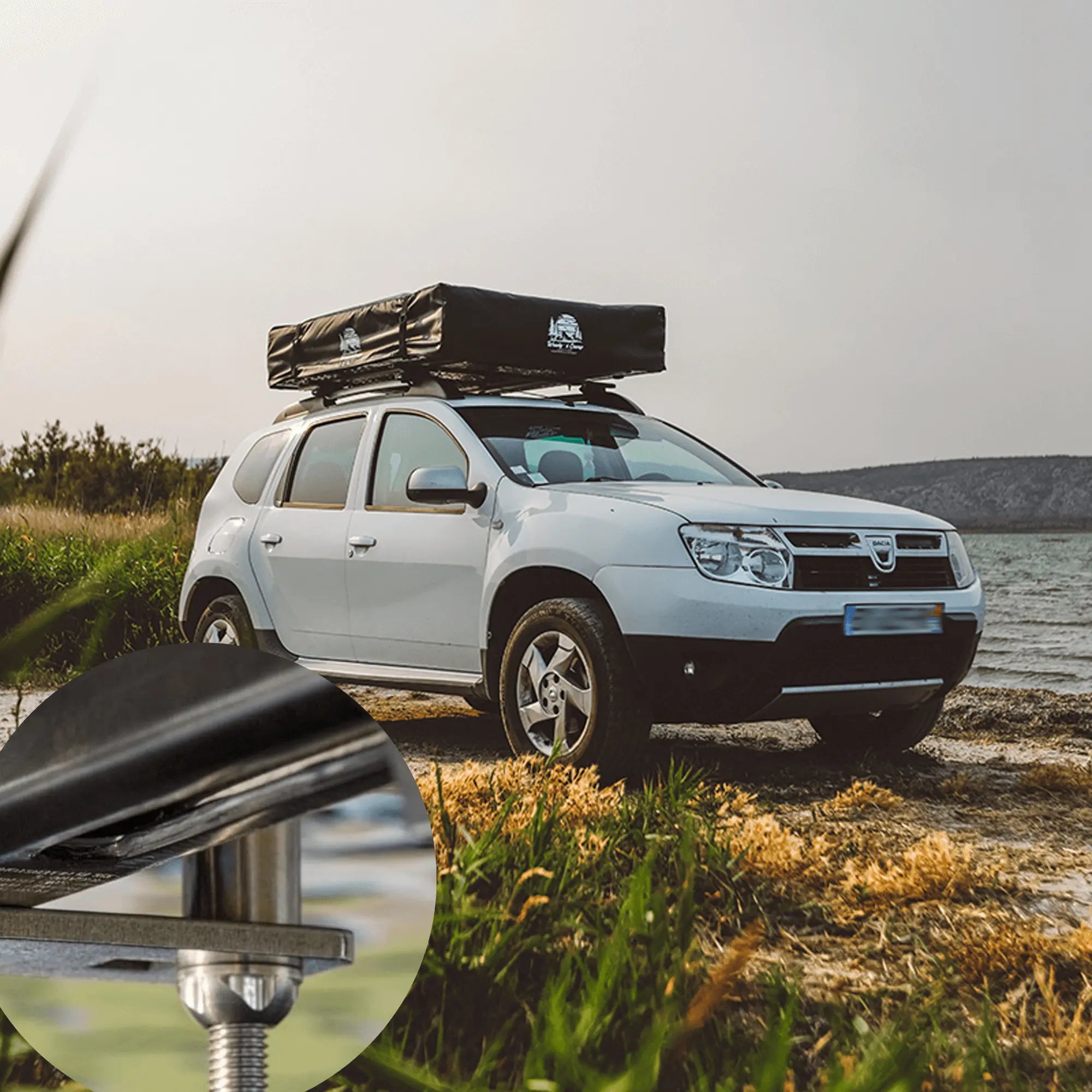 SUV with rooftop tent secured using M8 anti-theft nut kit by a lake, highlighting robust stainless steel fastenings and security feature.