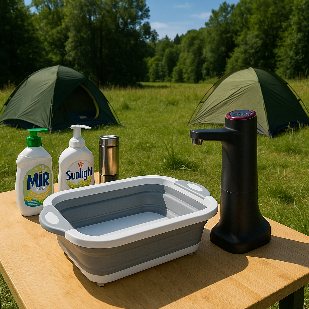 Évier pliable en silicone sur une table de camping avec des ustensiles et un réchaud à gaz, idéal pour la cuisine en plein air.