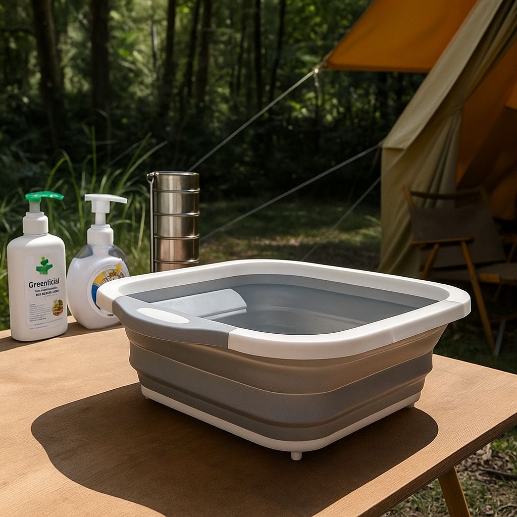 Évier pliable en silicone sur une table de camping avec des ustensiles et un réchaud à gaz, idéal pour la cuisine en plein air.