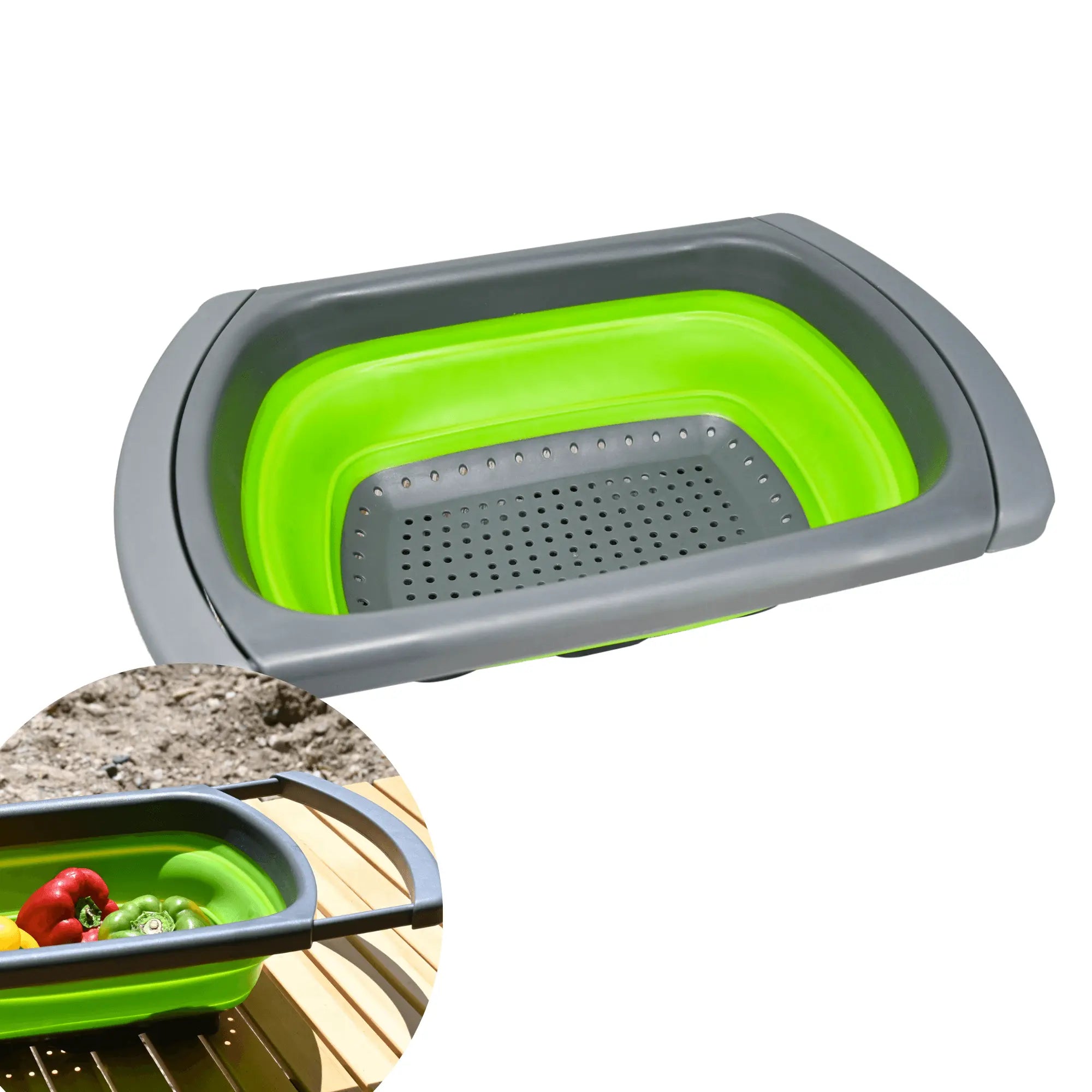 Passoire pliable en silicone verte avec poignées réglables, idéale pour le camping, vue de dessus avec des légumes frais.